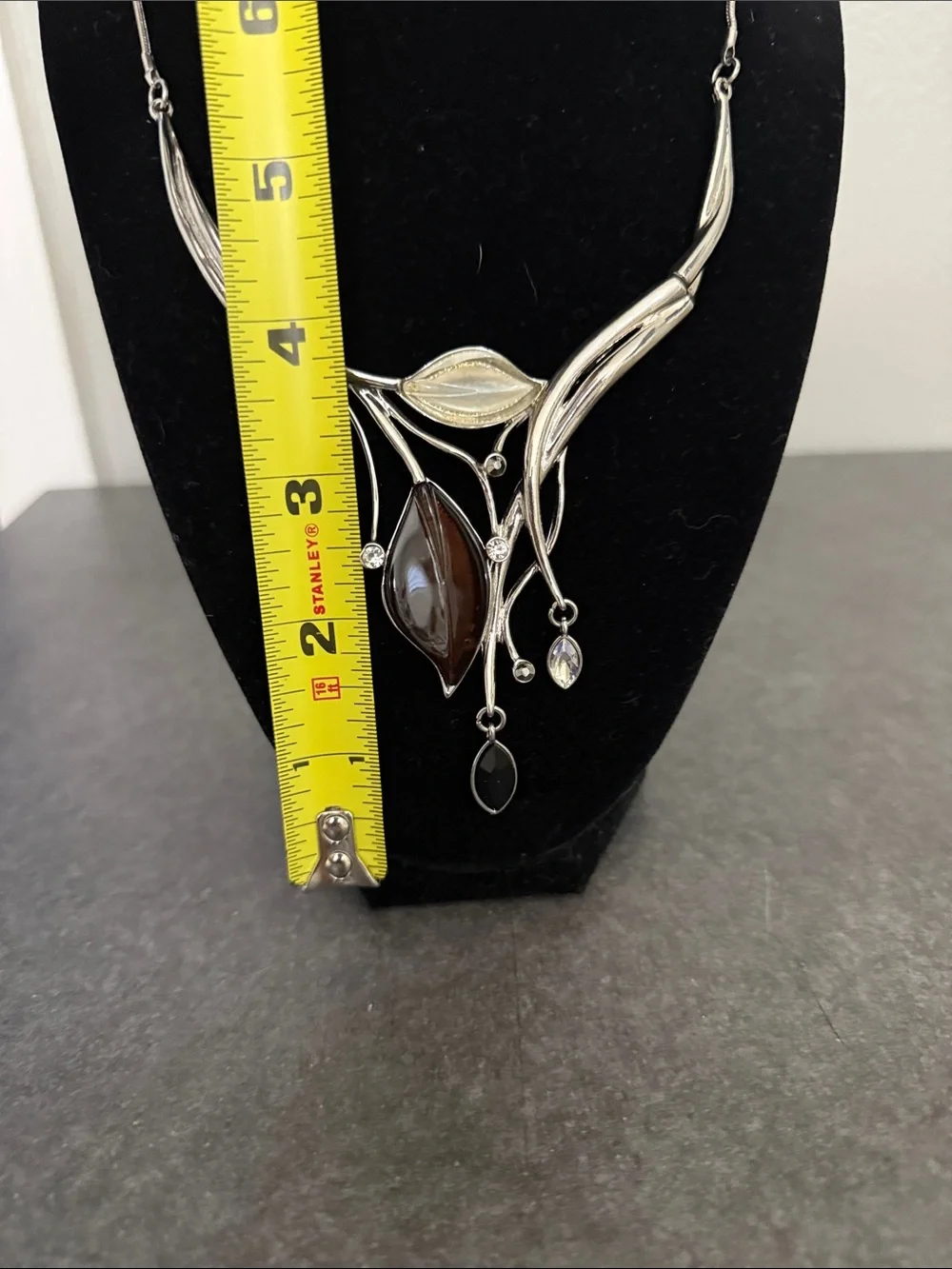Silver Leaf Drop Necklace with Smoky Accent
